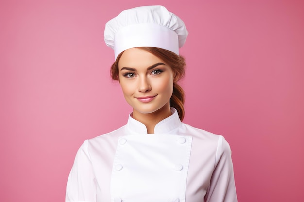 Female chef in white uniform standing