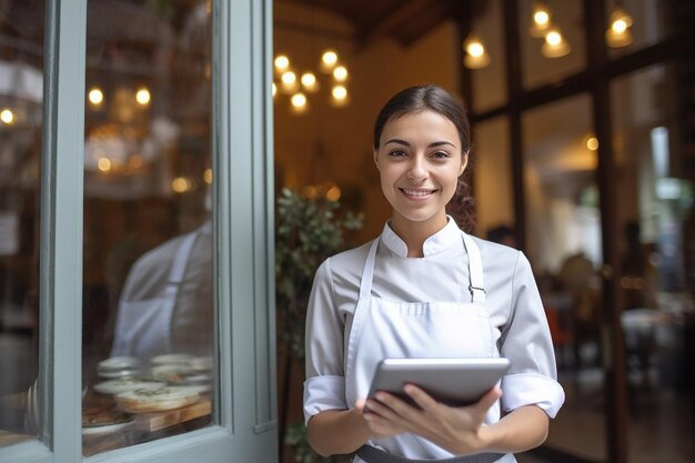 a female chef with a tablet in front of a window.