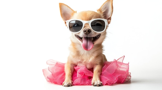 Photo female chihuahua sunglasses whit with pink skirt sticking out tongue on white background illuminated ar 169 style raw stylize 250 v 61 job id b2b9e1dc808c49be891b6a2a26fc29be