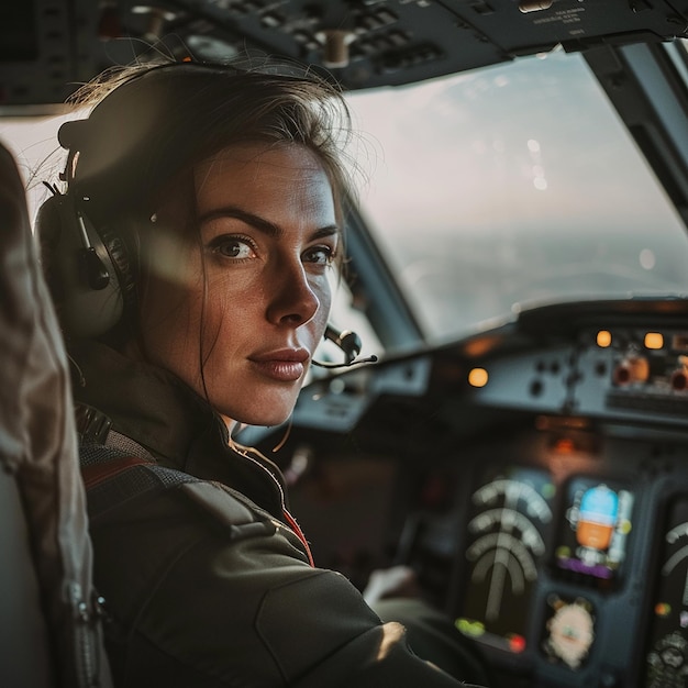 female civil aviation pilot sitting in airplane cockpit