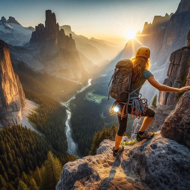 Photo female climber conquers towering mountain at sunset