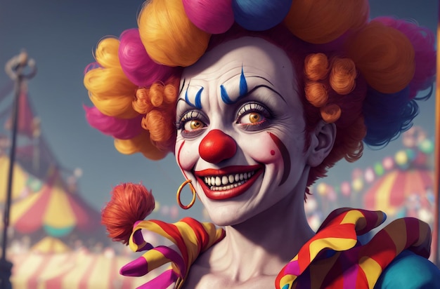 Female clown Portrait of happy jester in bright style Generative AI