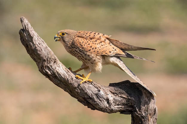 Female Common kestrel Falco tinnunculus perched on a log