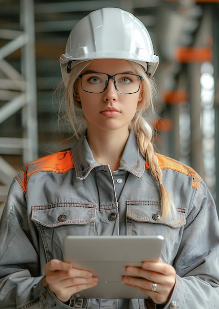 Photo female company employee using tablet isolated on white background labor day high resolution