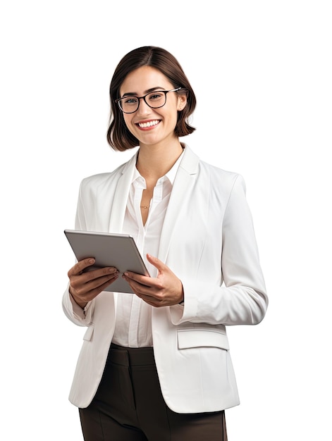 female company worker in glasses smiling and holding digital tablet isolated on white background