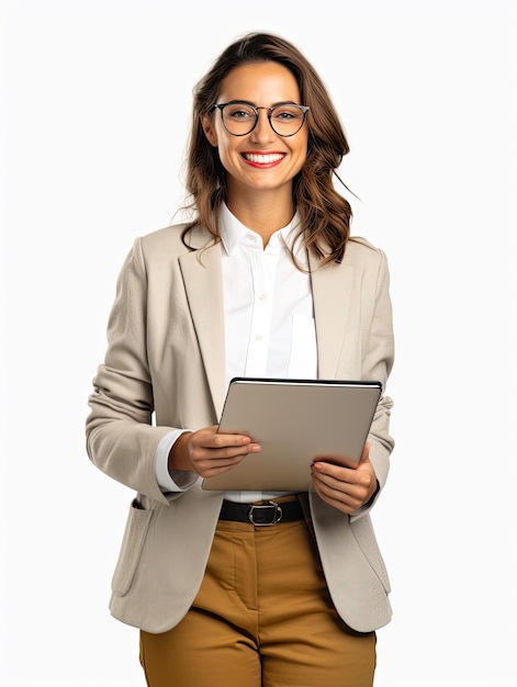 female company worker in glasses smiling and holding digital tablet isolated on white background