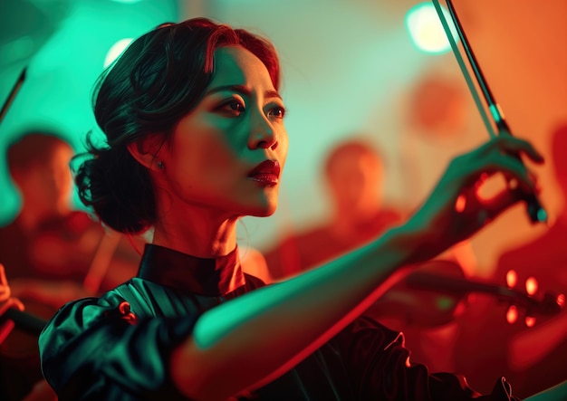 Female Conductor Leading Orchestra Under Stage Lights