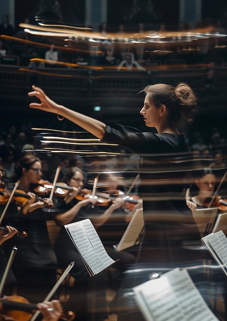 Photo female conductor leading orchestra with motion blur effect