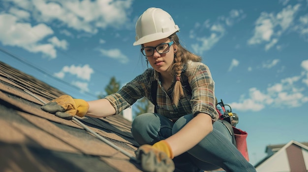 Female Construction Worker Installing Roof Shingles on a Sunny Day