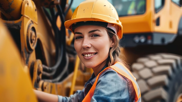 A female construction worker operating heavy equipment on a construction site breaking stereotypes