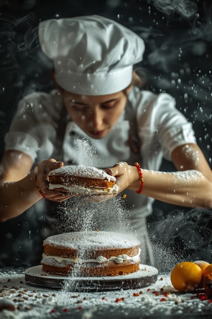 Photo female cook making a cake generative ai