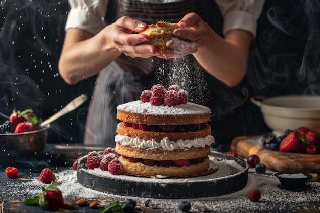 Photo female cook making a cake generative ai