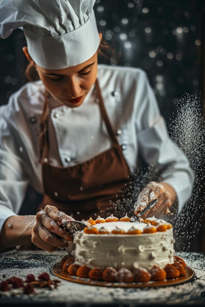 Photo female cook making a cake generative ai