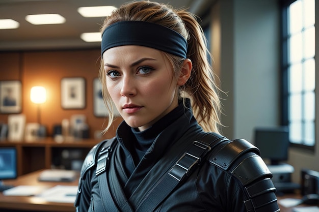 Female corporate stealth warrior ninja in modern office espionage and sneaky tactics in business