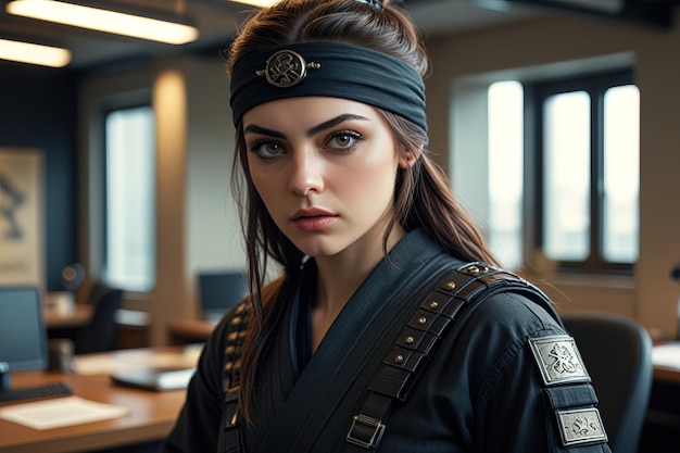 Female corporate stealth warrior ninja in modern office espionage and sneaky tactics in business