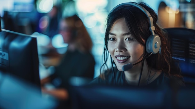 Female customer service operator with headset and smiling looking at computer screen