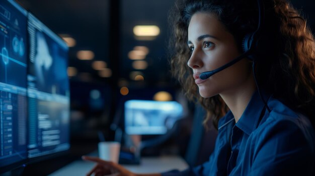 Photo female customer support representative working on desktop pc in office