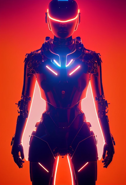 Female cyborg in a full high tech orange rays Exo Suit LED lighting accentsAI Generated Art