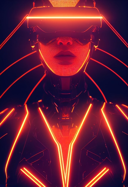 Female cyborg in a full high tech orange rays Exo Suit LED lighting accentsAI Generated Art