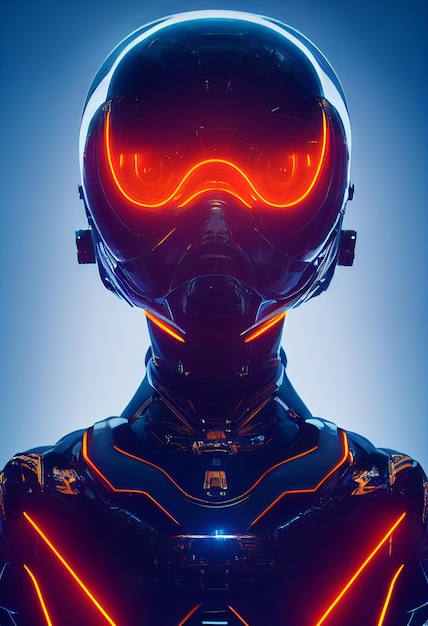 Female cyborg in a full high tech orange rays Exo Suit LED lighting accentsAI Generated Art