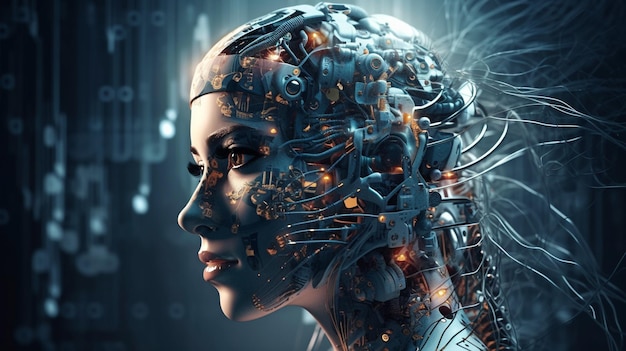 Female cyborg with circuit brain and binary codegenerative ai