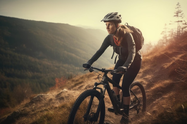 Female cyclist mountains Trail bike Generate Ai