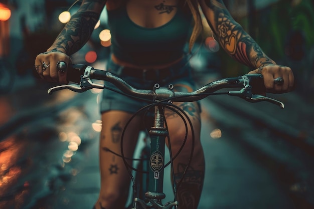 Photo female cyclist riding a bike with tattoos bicycle vehicle cycling