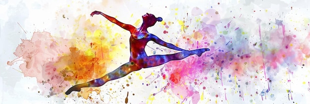 A female dancer leaps through the air her body a vibrant watercolor painting against a backgro