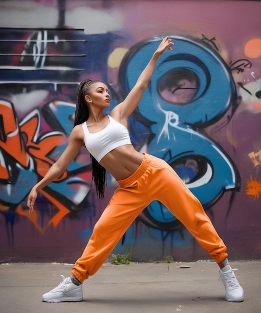 Photo female dancer striking a pose with urban graffiti