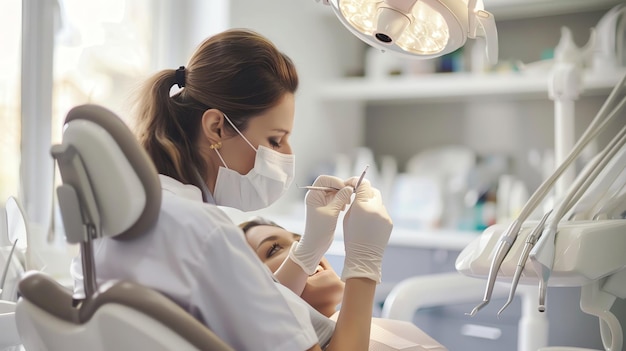 A female dentist examines a patients teeth in a modern dental office