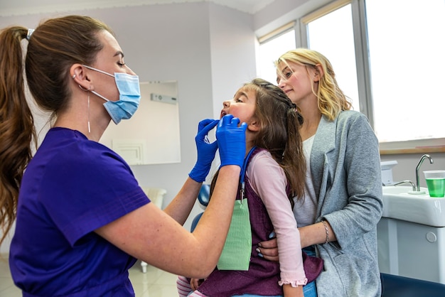 Female dentist examining teeth of little girl at dental clinic