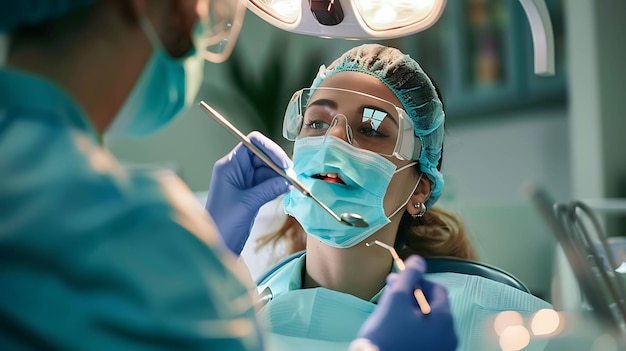 A female dentist wearing a mask and safety glasses examines a patients teeth with a mouth mirror and dental probe