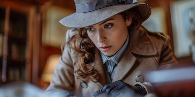 A female detective in vintage clothing meticulously inspects a crime scene Concept Mystery Detective Vintage Fashion Crime Scene Investigation