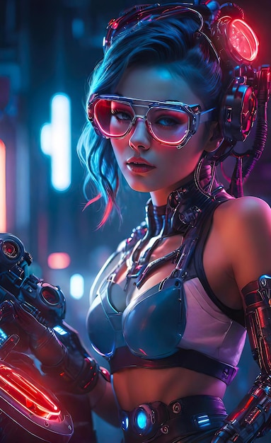 female DJ in cyberpunk glasses neon light effects at a disco music in our lives