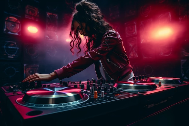 A female DJ plays at the console at a night club party creative ai