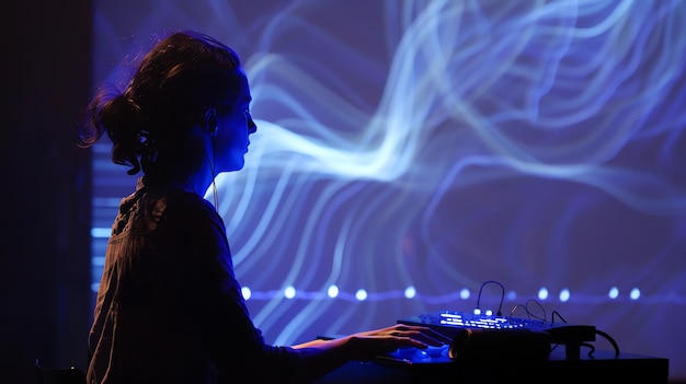 Photo a female dj stands silhouetted against a backdrop of blue light patterns focused on the mixing board in front of her