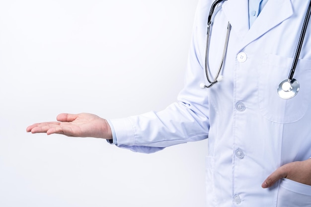 Female doctor body part with hand gesture young woman physician with stethoscope isolated on white background close up cropped view copy space