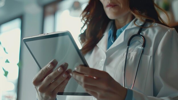 Photo female doctor explaining health via digital tablet