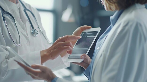 Photo female doctor explaining health via digital tablet