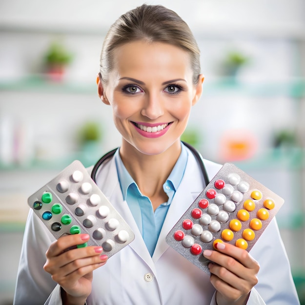 female doctor hand hold pack of different tablets