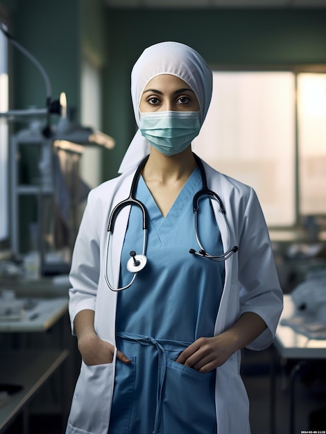 A female doctor in hijab and face mask with stethoscope