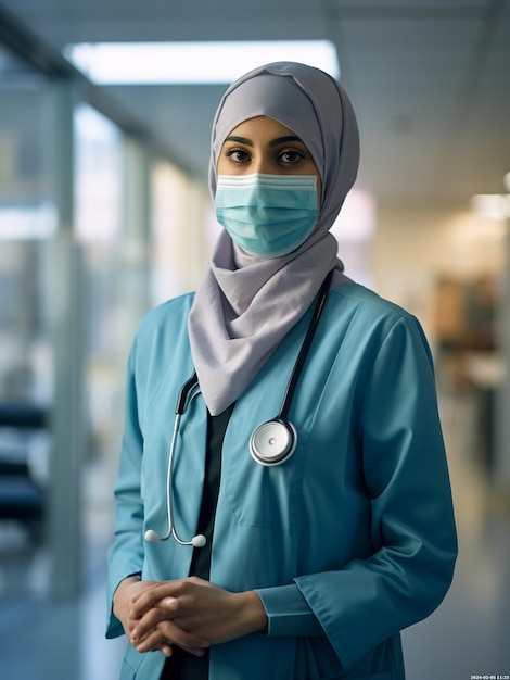 A female doctor in hijab and face mask with stethoscope