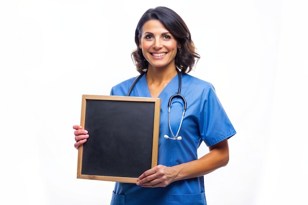 female doctor holding blackboard and smiling in blue uniform