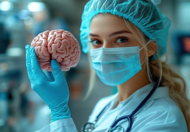 Photo female doctor holding a brain model