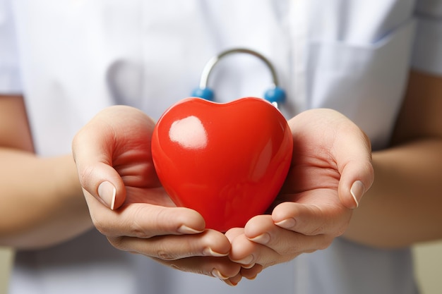 Female doctor holding red heart healthcare concept and compassion closeup shot