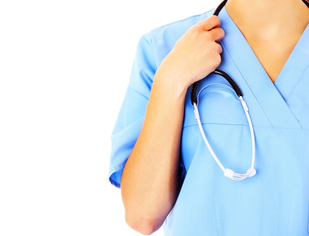 a female doctor holding a stethoscope over white background