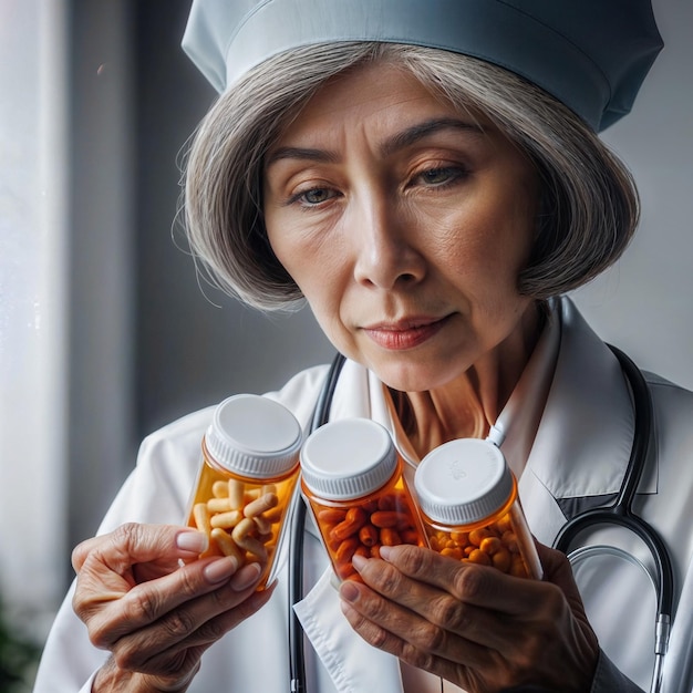 Female doctor holding three pill bottles with a smile on her face