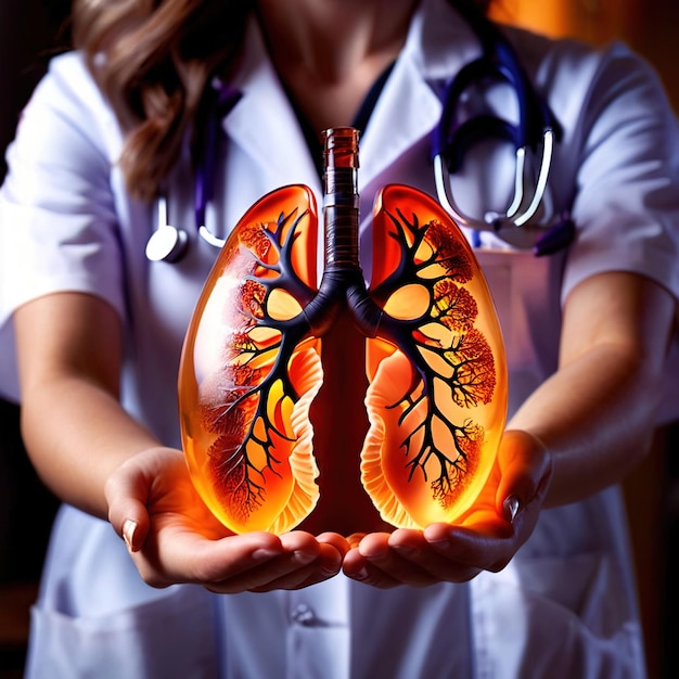 Female doctor holding virtual lungs in hand Health science technology concept