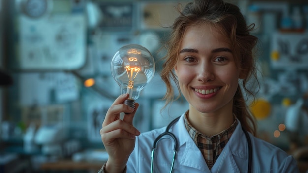 a female doctor holds a light bulb with a light bulb in her hand