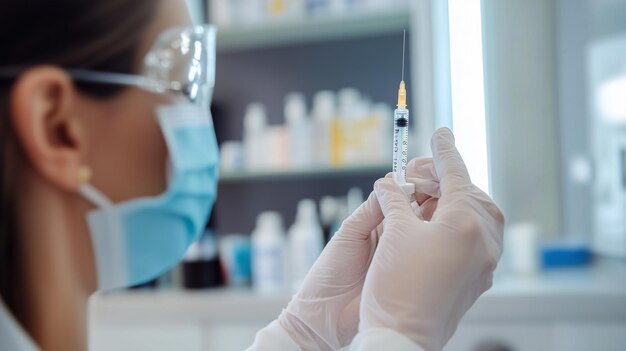 a female doctor is holding a syringe that is being held by a female doctor